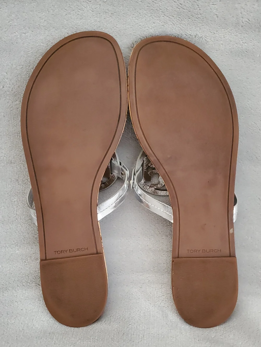 TORY BURCH Miller Silver Metallic Leather Patent Cork Flat Sandals SIZE: 13M